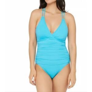 La Blanca Island Goddess One Piece Swimsuit Turquiose Ruched Crossback Sz 16